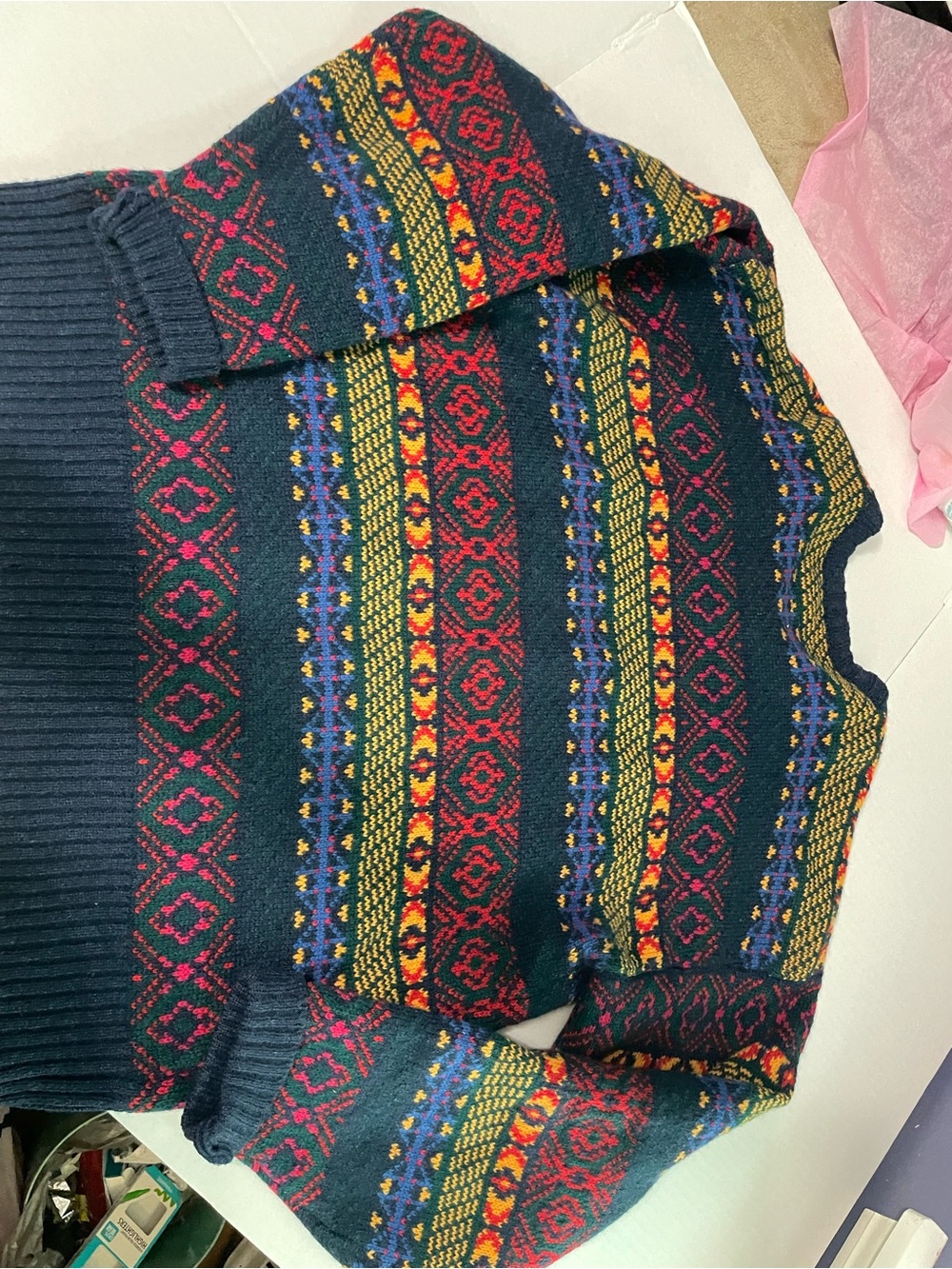 Izod Navy Crewneck Sweater with Red, Yellow and Blue Fair Isle Stripes
